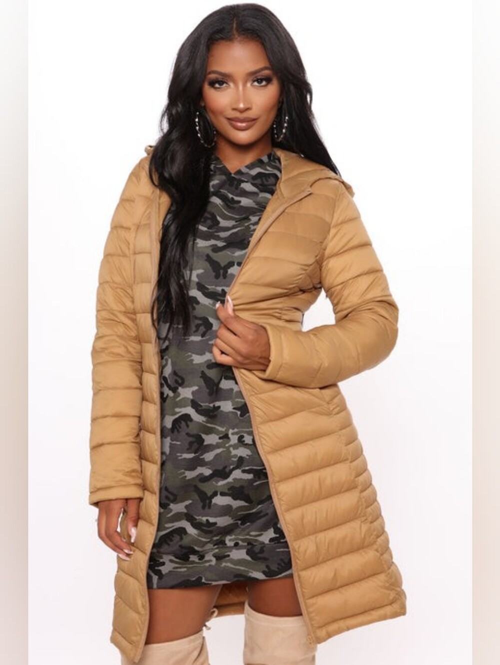 Love Tree Camel Long Hooded Puffer Coat